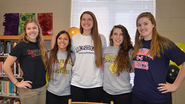 Nansemond-Suffolk Academy student-athletes Taylor Berard, Grace Haddad, Lizzy Fowler, Brooks Gillerlain and Caylin Harris recently signed to play for and attend five different colleges.